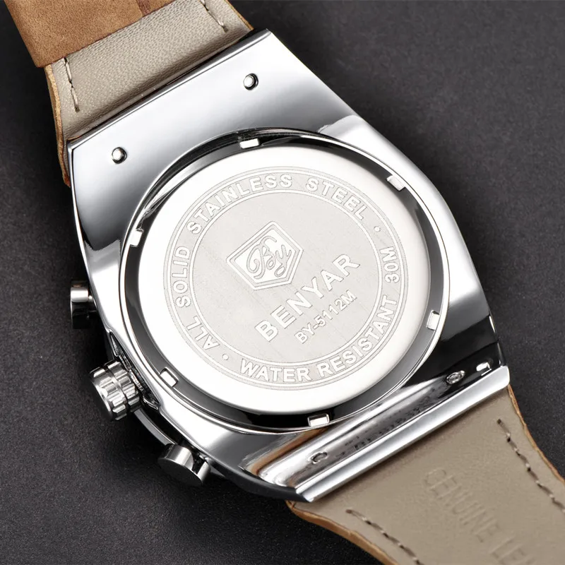BENYAR спортивные хронограф мужские часы Модные Военные Водонепроницаемые кожаные