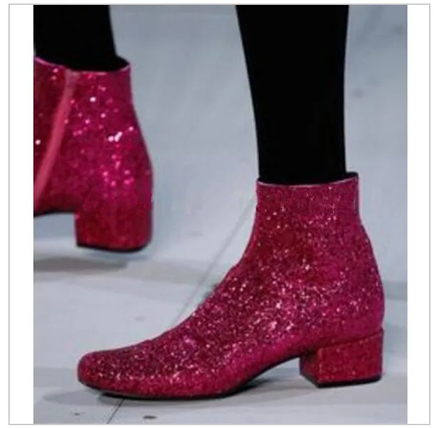 

beautiful T-stage Women Glitter Ankle Boots Square Heels Sparkly Booties Fall Winter Feminino Botas Red Silver Gold Shoes Woman