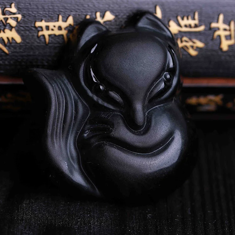 High Quality Fine carving Chinese black A obsidian carved fox pendant necklace jewelry|obsidian pendant|black pendantobsidian |