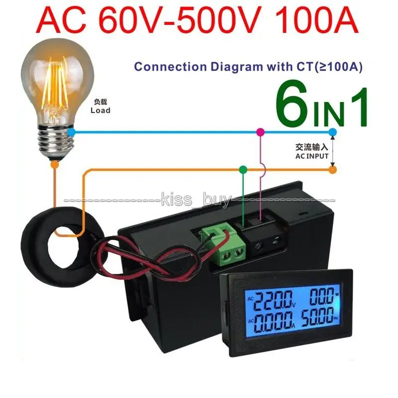 

AC Multimeter Digital LCD 110V 220V 380V 100A Voltmeter Ammeter Voltage Current Power Factor KWH Frequency VOLT AMP