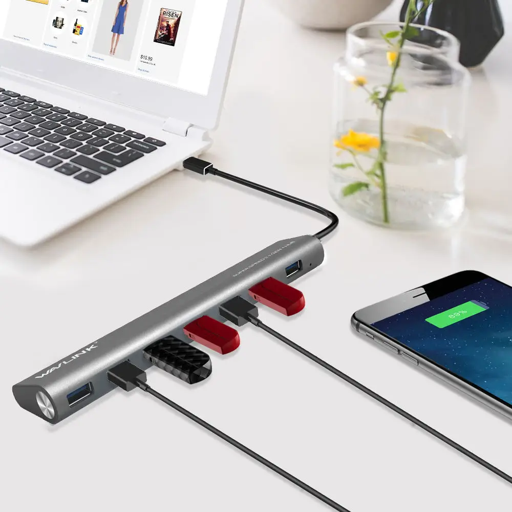 Кабель Wavlink USB 3 1 Type-C алюминиевый концентратор для передачи данных с 7 портами 0 (USB