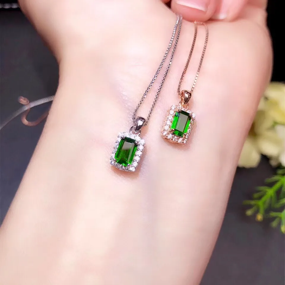 elegant rectangle green diopside pendant for necklace real 925 silver material natural gem clear gold plated color | Украшения и