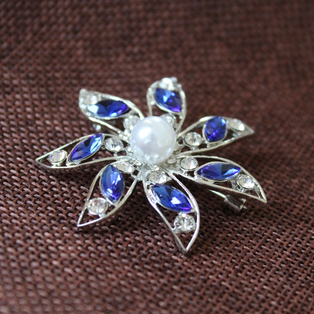 Синий Кристалл Rhinestone жемчужные броши Свадебный букет цветы Серебряная Брошь