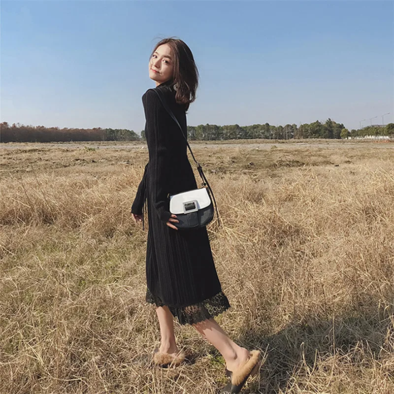 Весеннее новое длинное платье-свитер выше колена женское тонкое кружевное