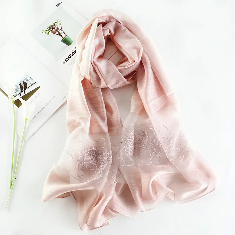 Luxury Brand Women Scarf High Quality Silk Scarves Shawl Lady Soft Wool Pashmina Elegant Embroidery Pearl Scarf Wrap Winter