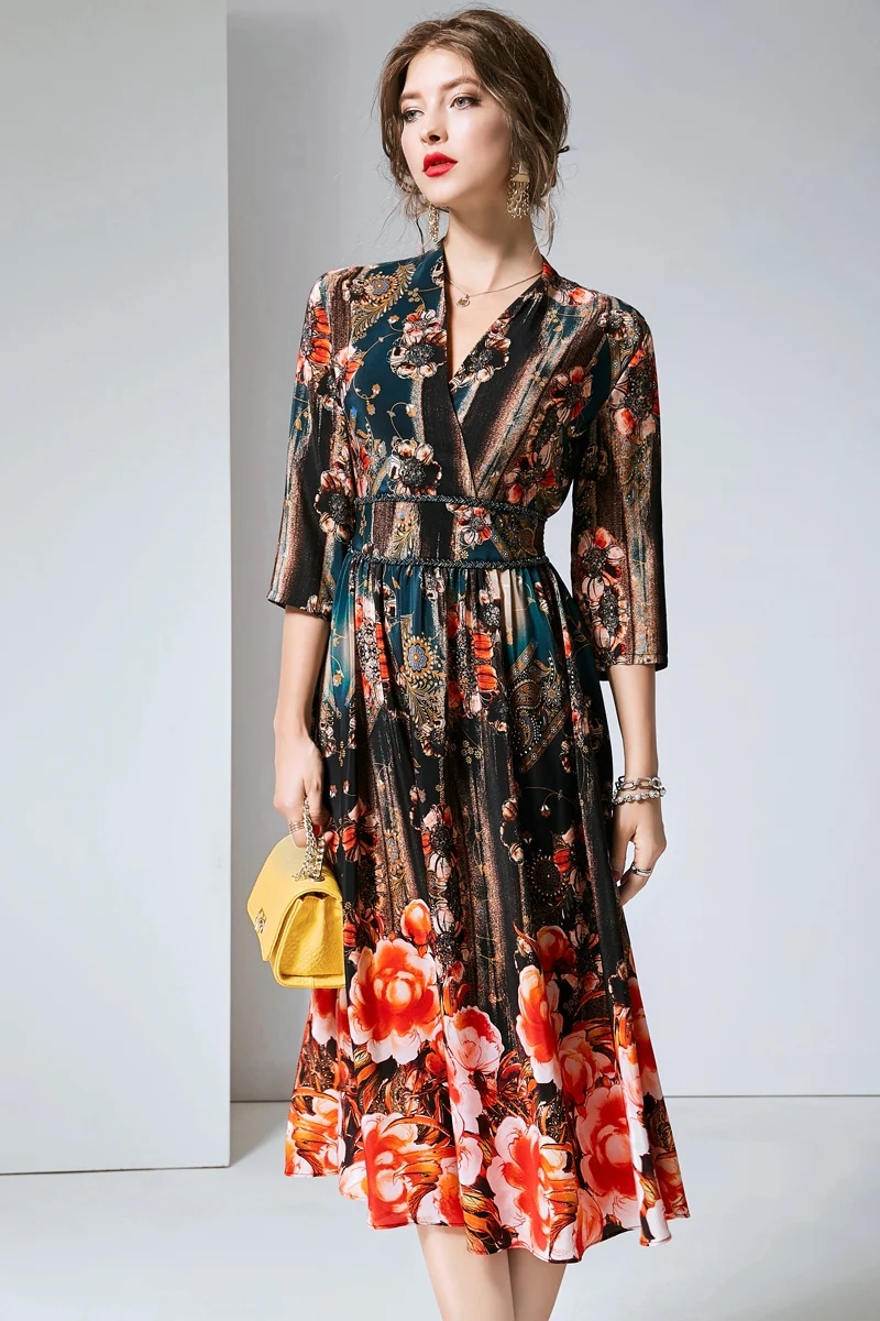 

100% Natural Silk Women's Runway Dresses V Neck 3/4 Sleeves Printed Elastic Waist Elegant Summer Dresses