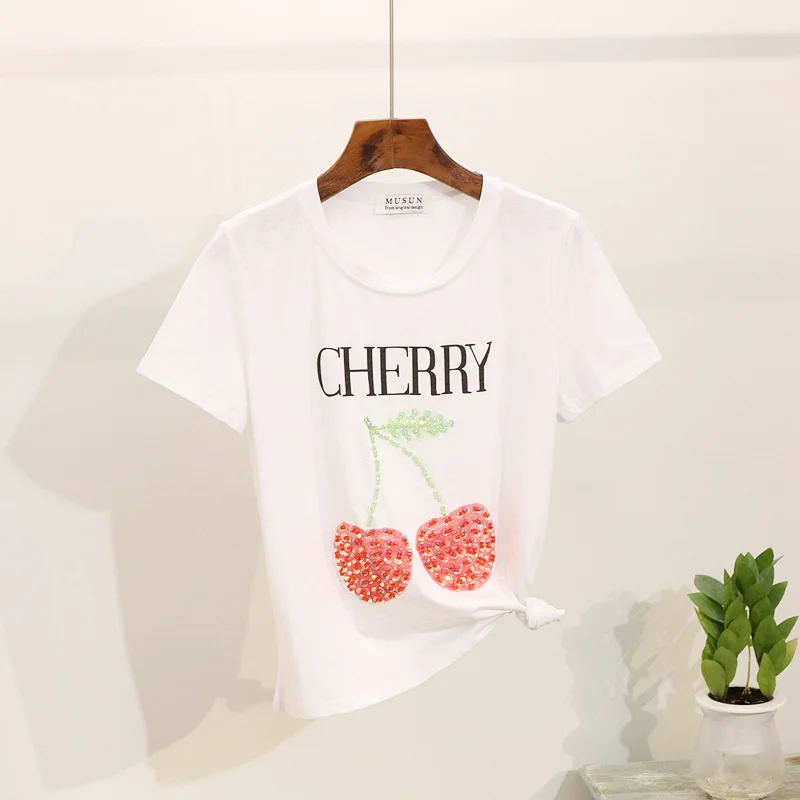 Летний комплект футболка с бисером и принтом женские джинсовые брюки круглым