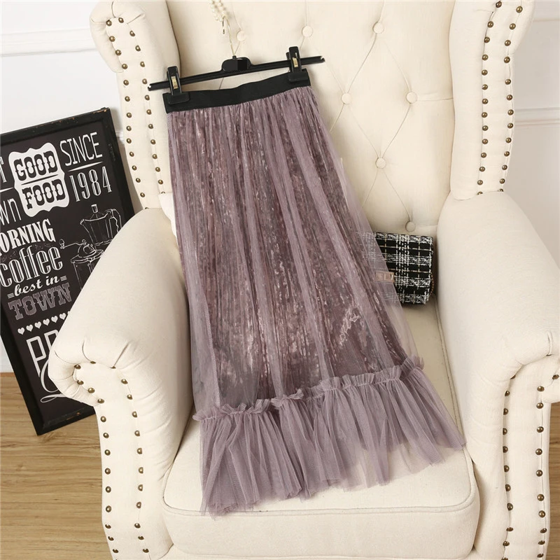 

Весенняя фланелевая юбка с высокой талией, бархатная длинная Плиссированная юбка в стиле пэчворк, женские юбки с сеткой