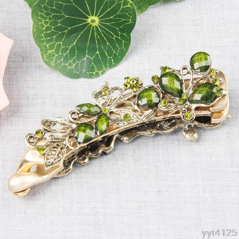 Винтажная женская элегантная изумрудная заколка для волос в форме банана коготь держатель Кристалл Бабочка Смола шпилька цветок Женские аксессуары 108x32 мм TH
