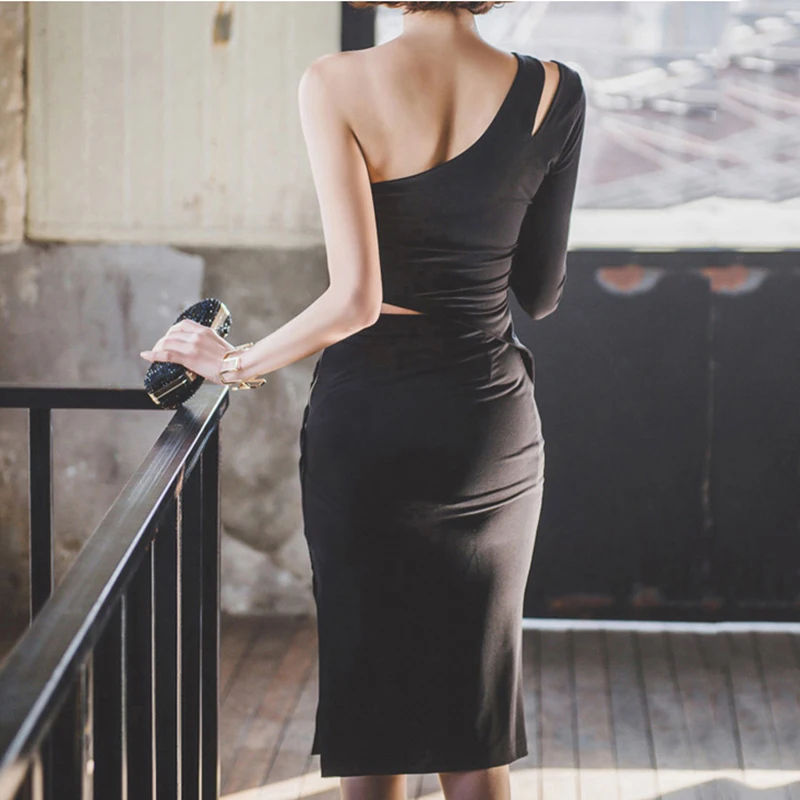 Весна 2 шт. женские костюмы Сексуальный тонкий черный выдалбливают одноместный