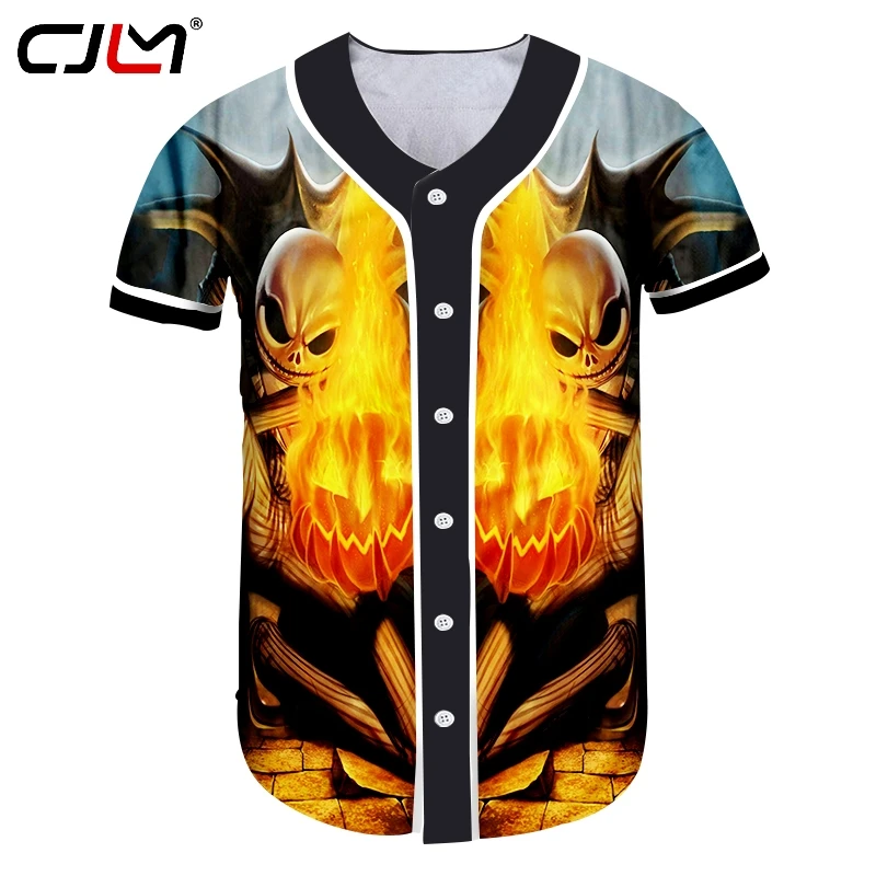 

CJLM Fashion Mask Man Baseball Shirt 3D Flame Pumpkin Funny Streetwear Mens T-shirt Horror Halloween Oversized Tshirt