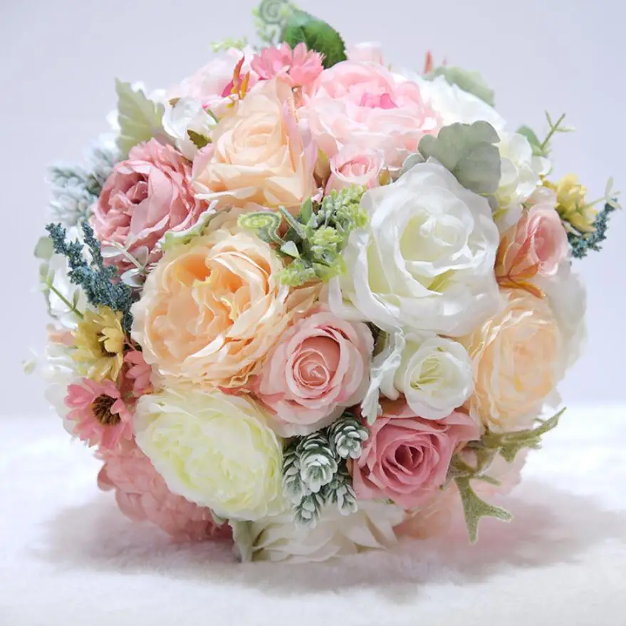 Pink AYiCuthia Romantic Bridal Flowers Wedding Bouquet With Ribbon Artificial Pink Bridal Accessories Wedding Flowers S150 - Цвет: Pink