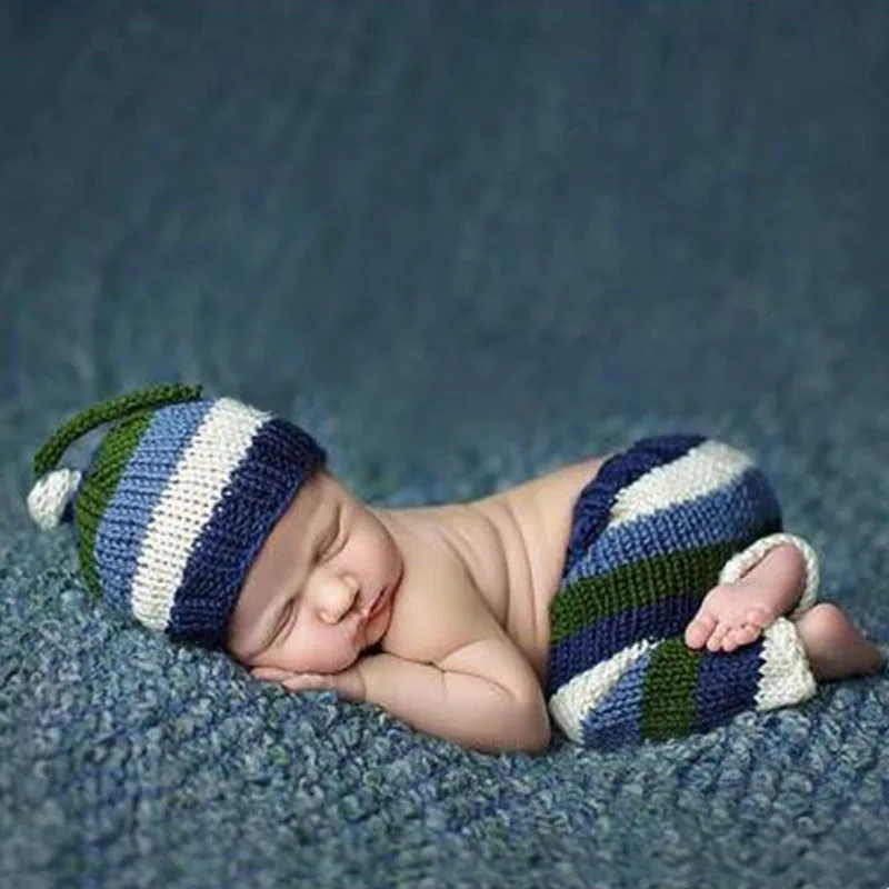 Newborn Baby Photography Props Crochet Costume Stripe Hat Pants Set Infant Outfit for Photo Shooting Boy Prop | Детская одежда и