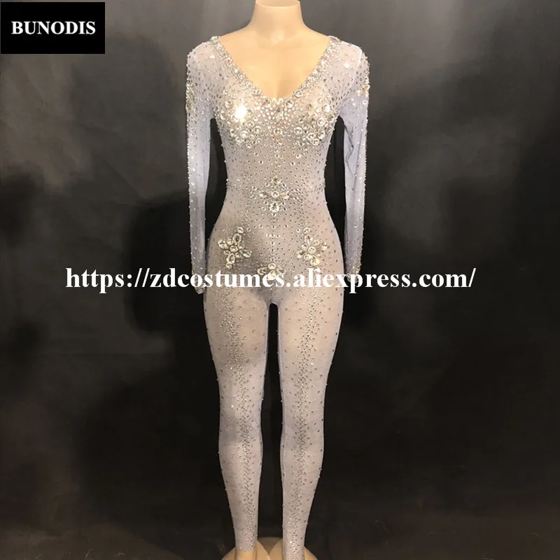 ZD390 Women Sexy Net Yarn Jumpsuit Big Glass Sparkling Crystals Bodysuit Nightclub Party Stage Wear Dancer Singer Bling Costumes