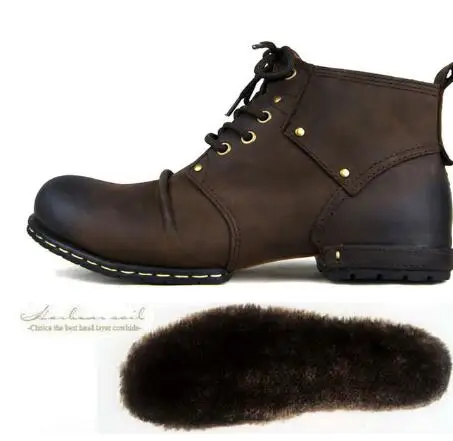 brown with fur Crazy Horse/ковбойские ботильоны ручной работы из коровьей кожи; итальянские Прошитые винтажные коричневые кожаные ботинки для диких мужчин - Цвет: brown with fur