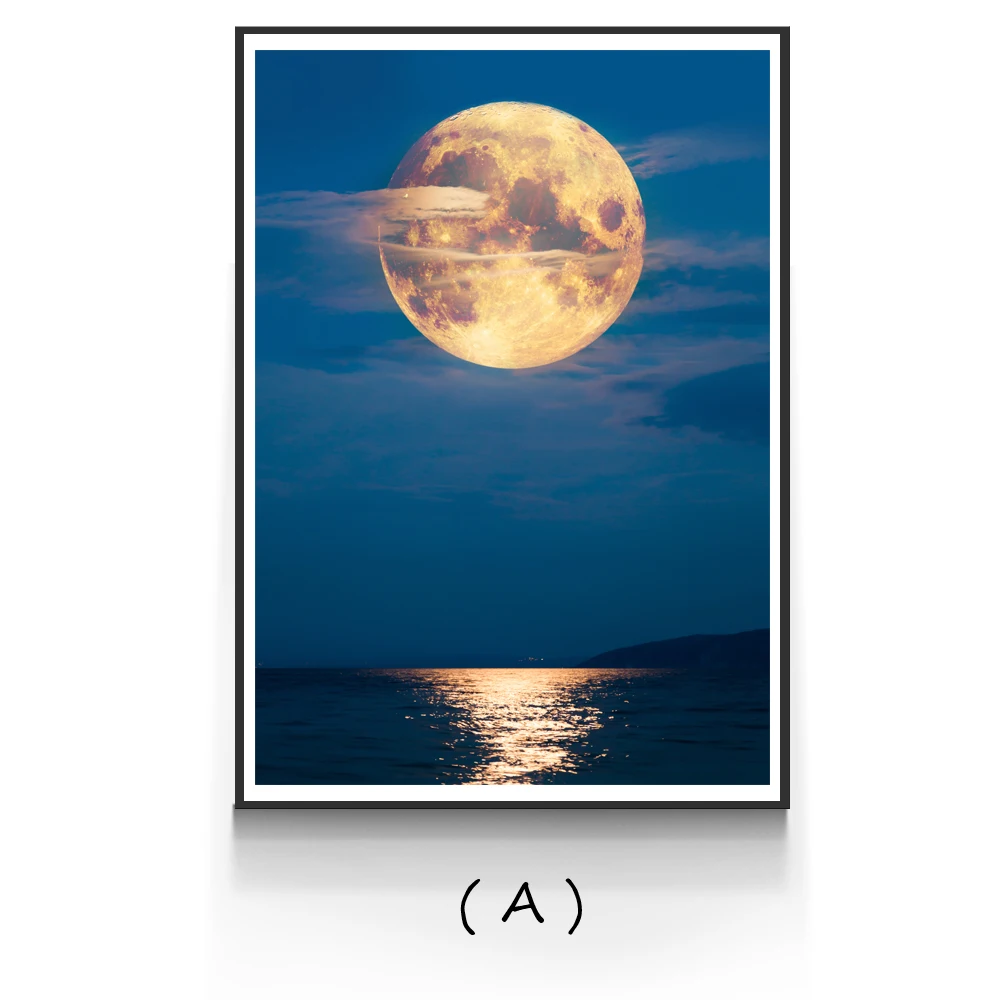 Nordic Sky Moon Seascape Waterproof canvas Painting Posters Print Blue Wall Art Pictures For Living Room Bedroom No Form | Дом и сад