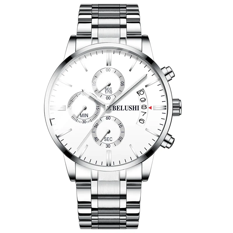 silver white Мужские часы, деловые кварцевые часы с хронографом, роскошные Брендовые мужские часы, наручные часы для мужчин, мужские наручные часы - Цвет: silver white