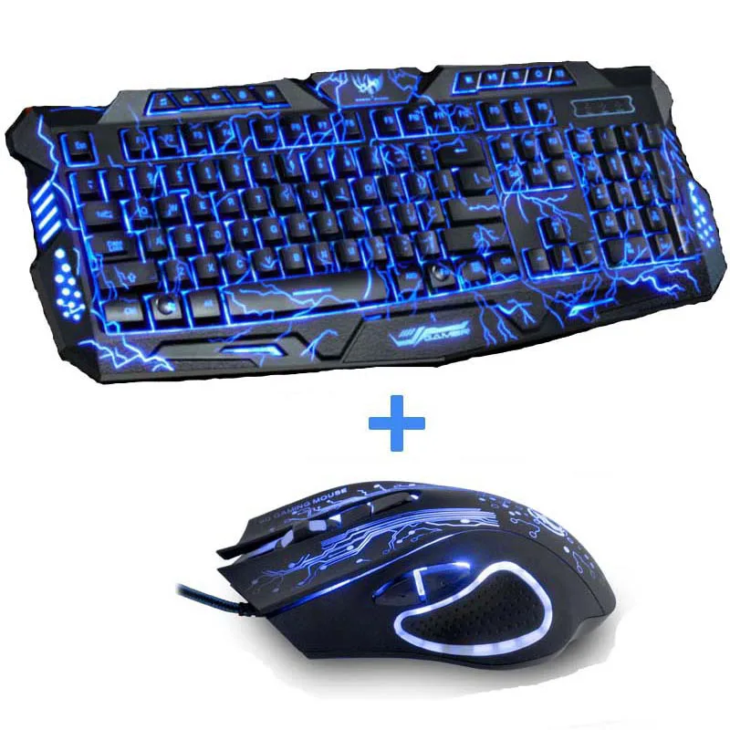 Трехцветная подсветка компьютерная игровая клавиатура Teclado USB Проводная полноразмерная N-Key игровая клавиатура для ПК настольного компьютера ноутбука русская наклейка - Цвет: Keyboard and Mice