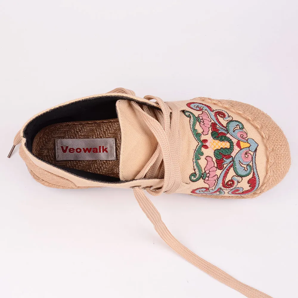 Veowalk/женские высокие льняные парусиновые кроссовки с вышивкой в буддизме и тотеме; женская обувь на плоской платформе в стиле ретро со шнуровкой в стиле пэчворк