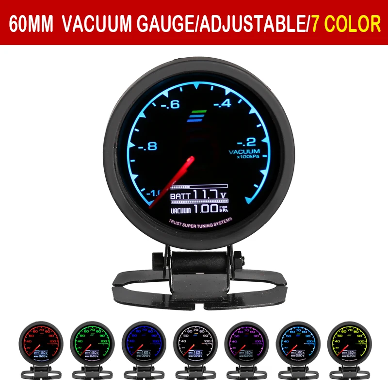

Gauge Vacuum Meter 7 Light Colors LCD Display With Voltage Car Meter Gauge 62mm 2.5 Inch With Sensor Racing Greddi Gauge