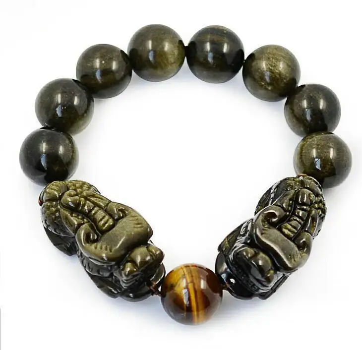 Браслет из натурального золота с обсидиановыми бусинами и двойным китайским