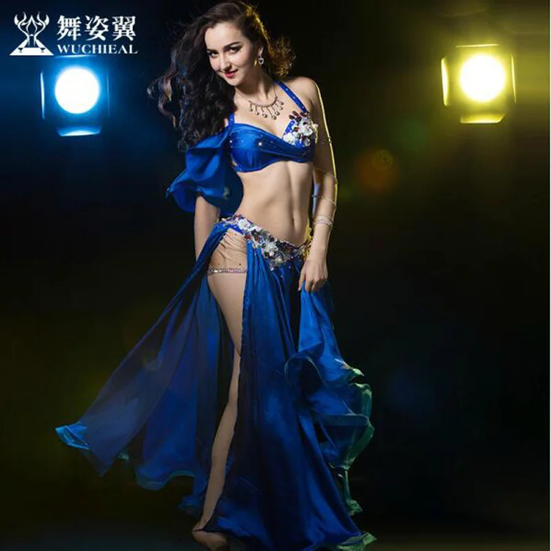 Blue Новинка, высокое качество, костюм для танца живота, платья, Сексуальные Топы+ юбка, сценические костюмы, костюмы, одежда M/L, 4 цвета - Цвет: Blue