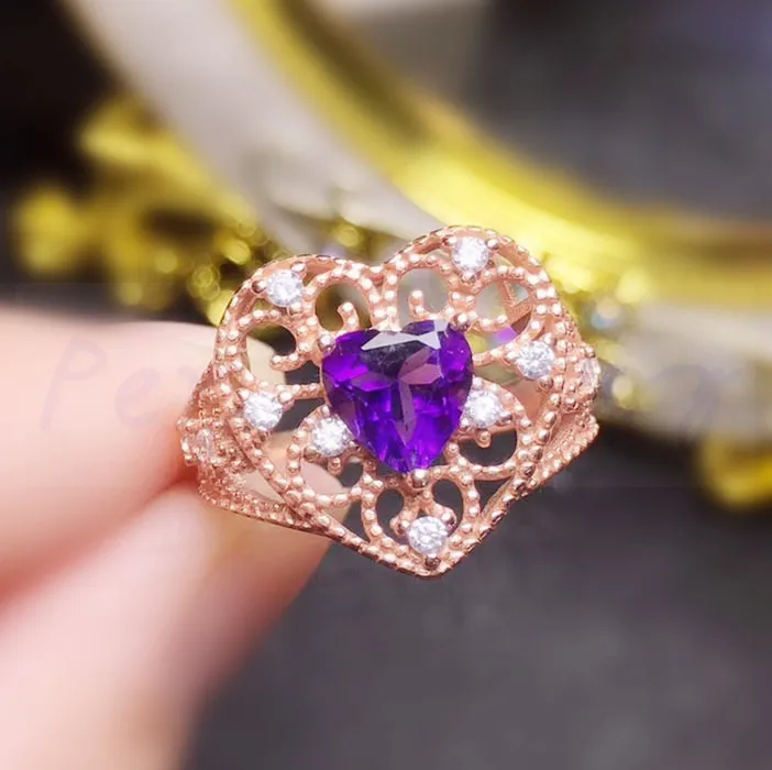 Per jewelry Natural real amethyst love heart style big ring Free shipping 925 sterling silver 0.8ct gemstone T95306 | Украшения и