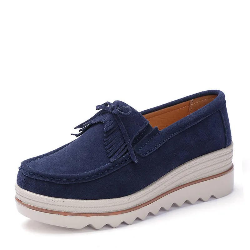 Spring Nvay Blue PINSEN/ г.; весенняя женская обувь на плоской платформе; повседневные кроссовки с кисточками и вырезами; кожаная замшевая обувь без шнуровки; женские мокасины с толстой мягкой подошвой - Цвет: Spring Nvay Blue