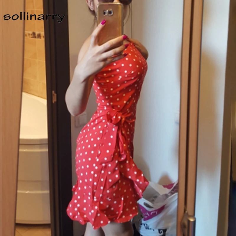 Sollinary Yellow spaghetti strap dot summer beach dress Short sexy women Chic bow ruffles party casual vestidos 2018 | Женская одежда