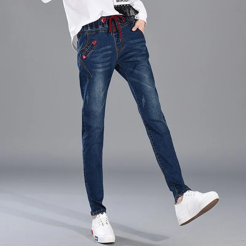 Узкие джинсы для женщин эластичный пояс Slim Fit темно синий уличная карандаш брюки