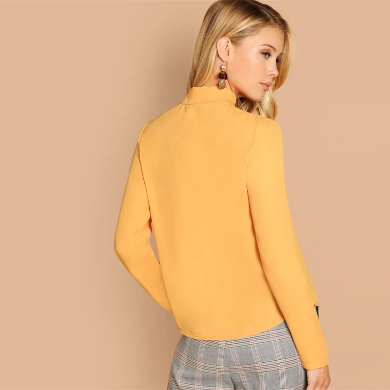 Sheinside, коричневая однобортная блузка с завязками на шее, женская летняя рабочая одежда, одноцветные Топы, модные весенние элегантные женские блузки