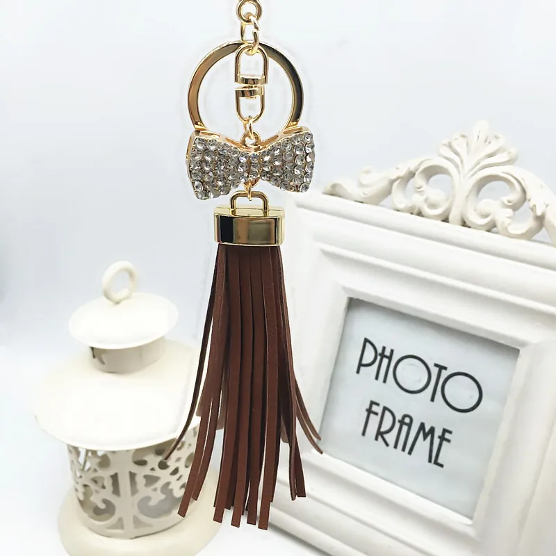 

New Gold Leather Tassel Keychain For Women Crystal Bowknot Keyring Bag Charm For Keys porte cle llavero sleutelhanger EH583