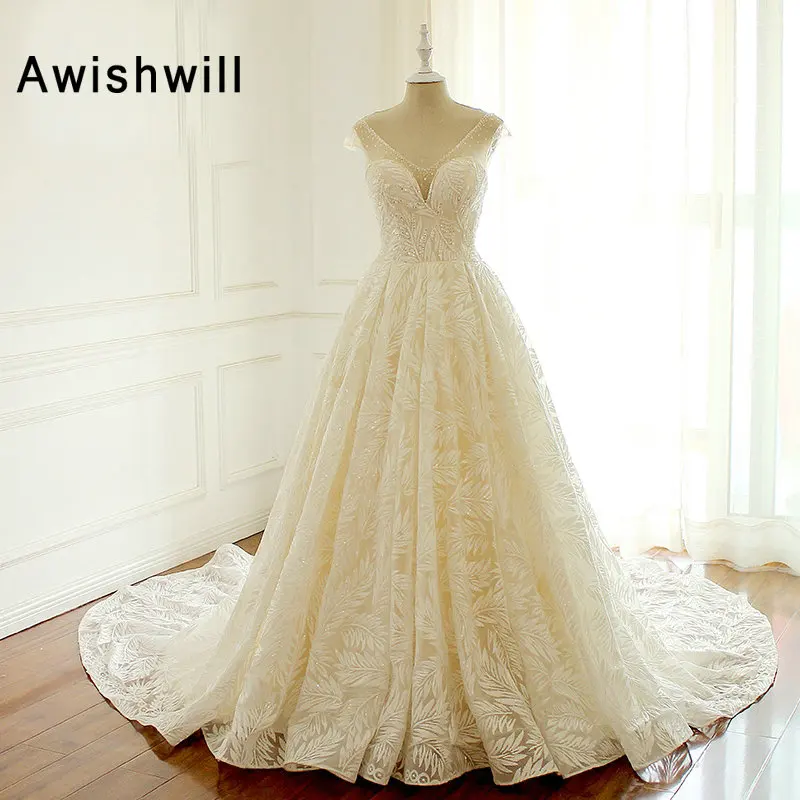 

Кружевное свадебное платье с рукавами-крылышками и бисером, элегантное ТРАПЕЦИЕВИДНОЕ свадебное платье принцессы с шлейфом, кружевные сва...