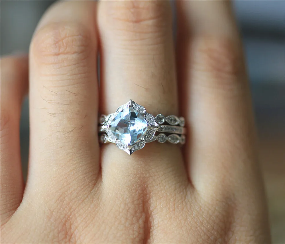 

DUPUY 3PCS Vintage Promise Ring Set 7mm Cushion Cut Aquamarine Ring Art Deco Half Eternity Diamonds Wedding Ring 14K White Gold