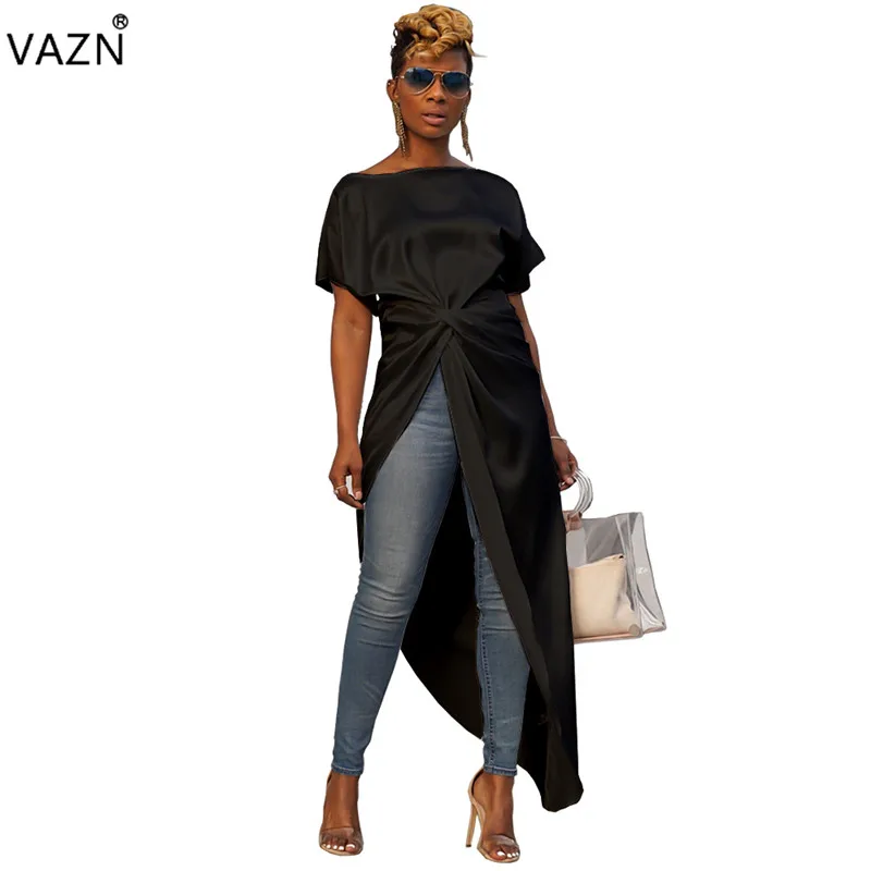 Женское длинное платье VAZN однотонное с круглым вырезом и коротким рукавом весна