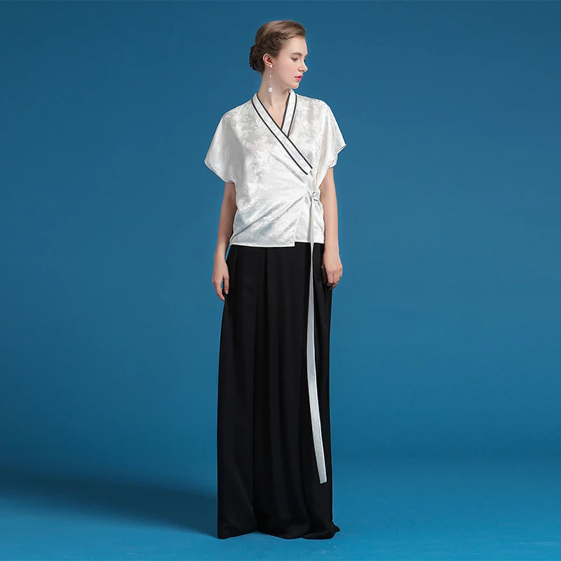VOA Summer Heavy Silk White Kimono Blouse Fashion V-neck Sashes Women Tops Plus Size Brief Casual Short Sleeve Shirt BST00201 | Женская
