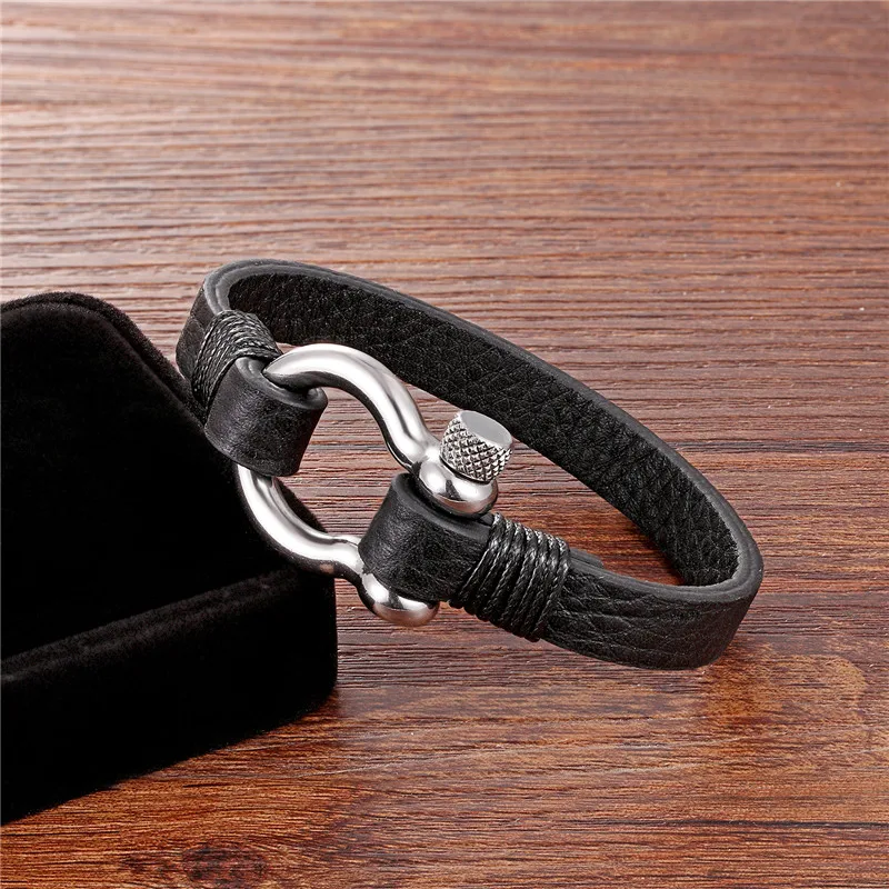 

MKENDN High Quality Stainless Steel Shackle Buckle Leather Survival Bracelet Men Surf Nautical Sailor Surfer Wristband Jewelry P
