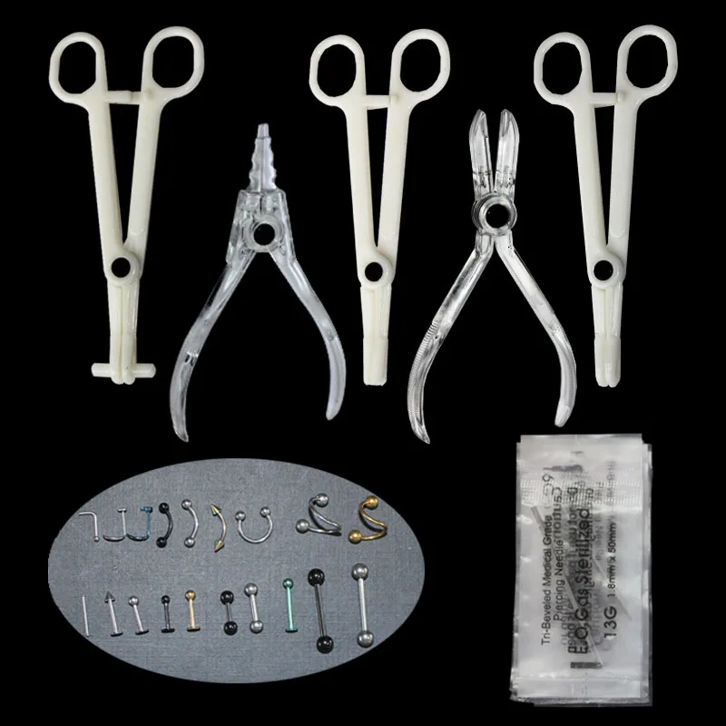 

Disposable Body Piercing Kit Tools 1pcs Pliers Forceps Needles Accessories Set with Eyebrow Labret Lip Nipple Nose Studs Rings