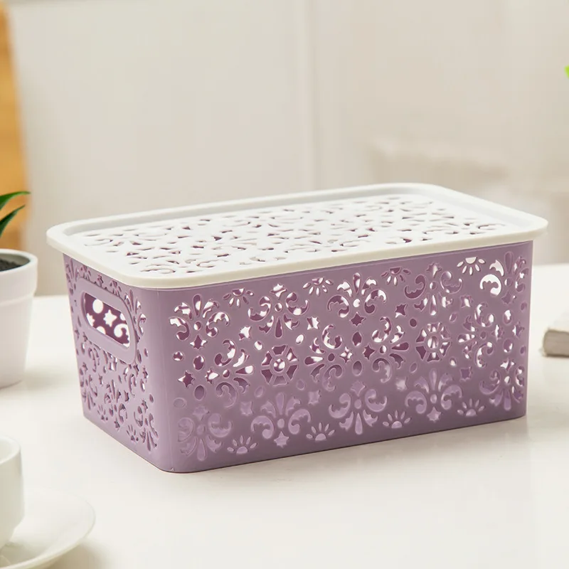 S Purple With Cover Розовые полые пластиковые корзины для хранения, офисные настольные косметические удаленные коробки для хранения, инструменты для макияжа, органайзер, сумка для ванной, держатель - Цвет: S Purple With Cover