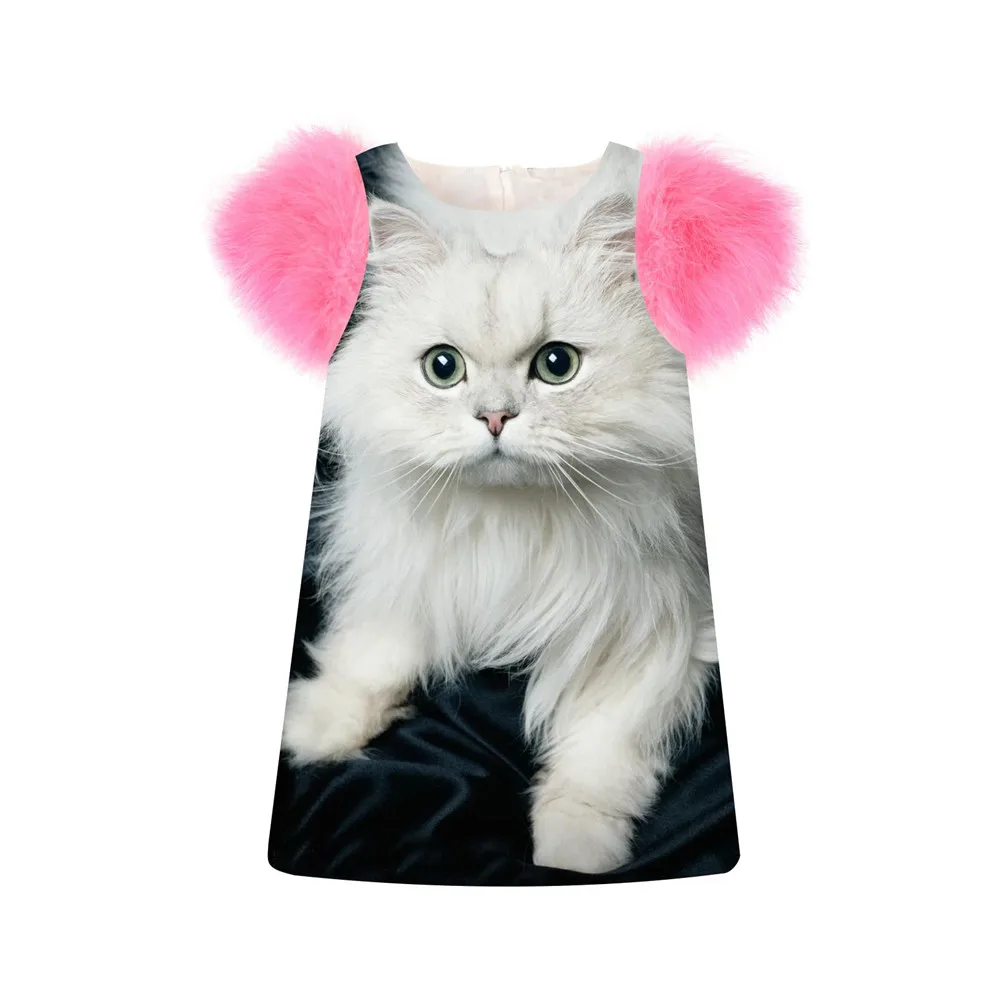 Children Girls Dress fashion Spring/Autumn faux fur sleeve girls printing White Cat Toddler Kids Dresses baby Clothing | Детская одежда