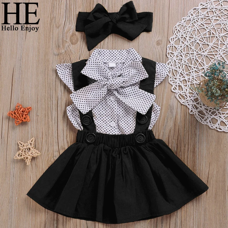 

HE Hello Enjoy Baby Girls Clothes Sets 2020 Summer Dot Flying Sleeve Shirt+Strap Dresses+Headband Kids Children's Clothing Suit