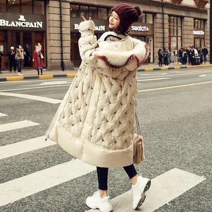 ZURICHOUSE Down Parka Women Long Hooded Fashion Embroidery Warm Natural Big Fur Collar White Duck Down Jacket Winter - Цвет: Off-white