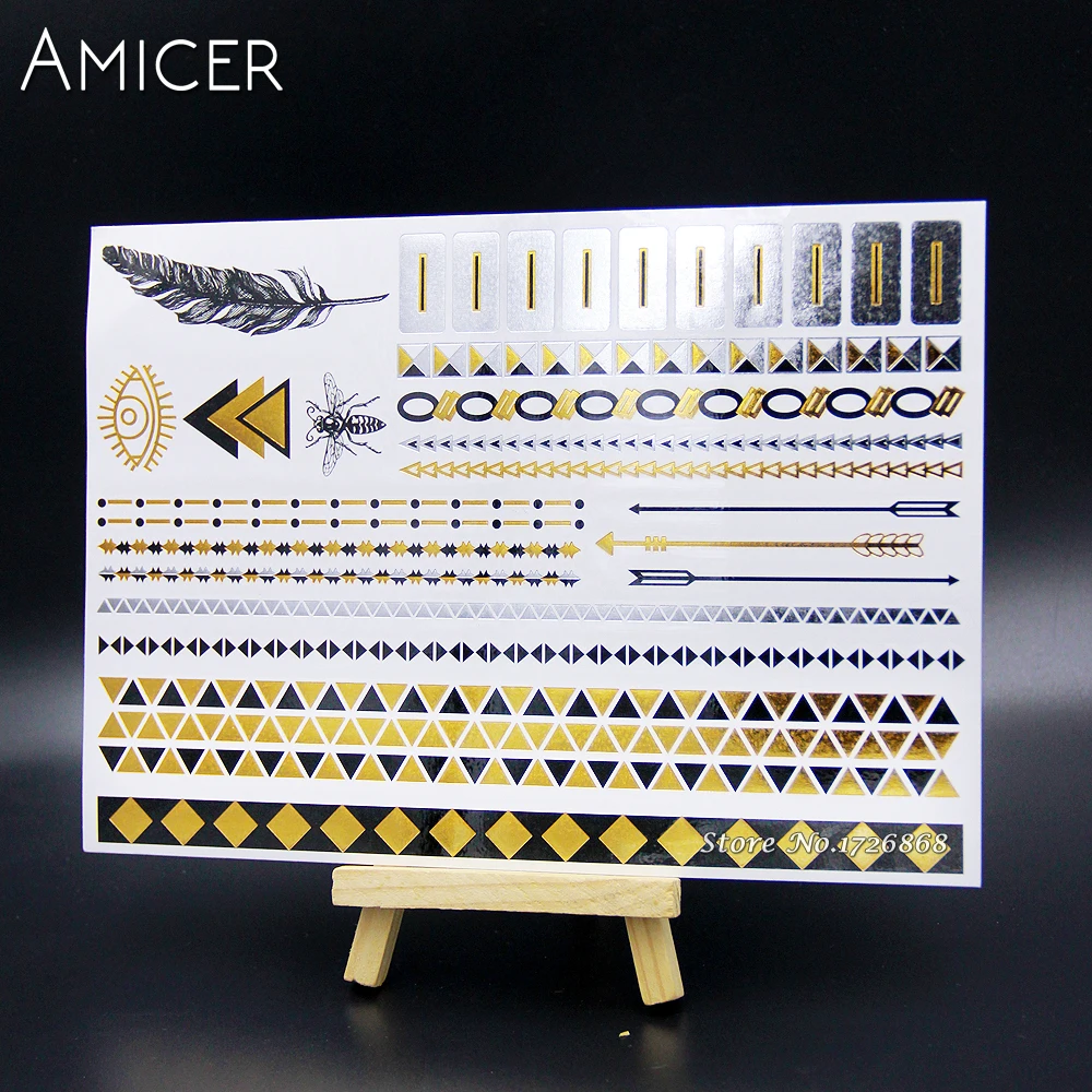 

Временные татуировки для боди-арта, золотые блестящие металлические татуировки, рукава-наклейки, хна, Женские Ювелирные изделия, водонепро...