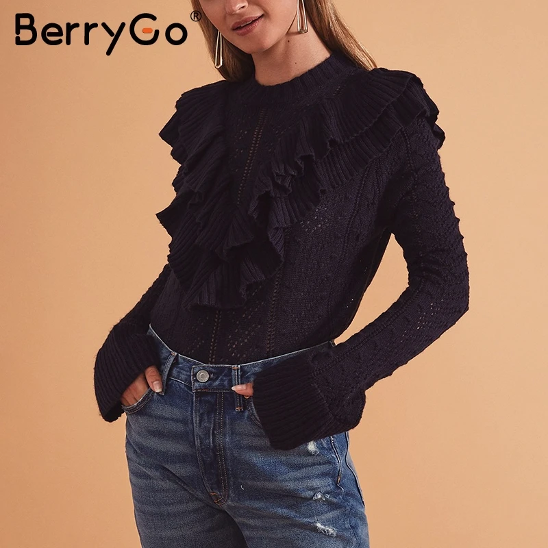 BerryGo элегантный оборками выдалбливают Белый свитер для женщин уличная тонкий