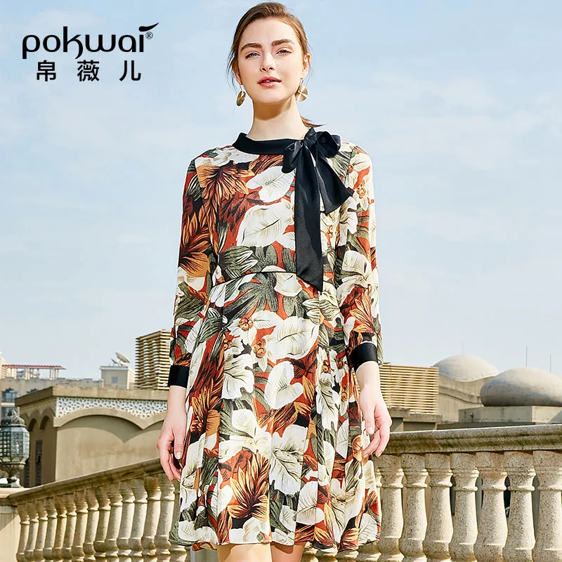 Популярный женский новый шарф воротник POKWAI ретро платье с принтом вышитое бантом