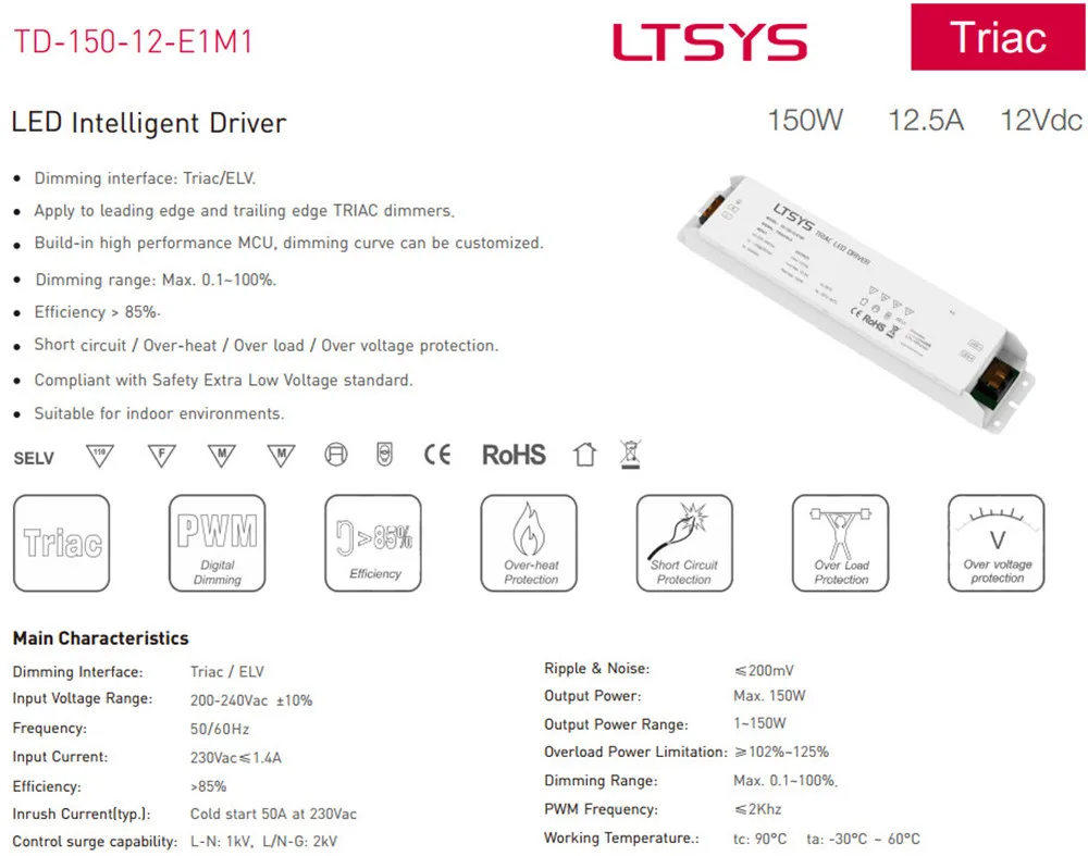 LTECH TD 150 12 E1M1 умный светодиодный выход драйвера Вт 12VDC Постоянное Напряжение CV