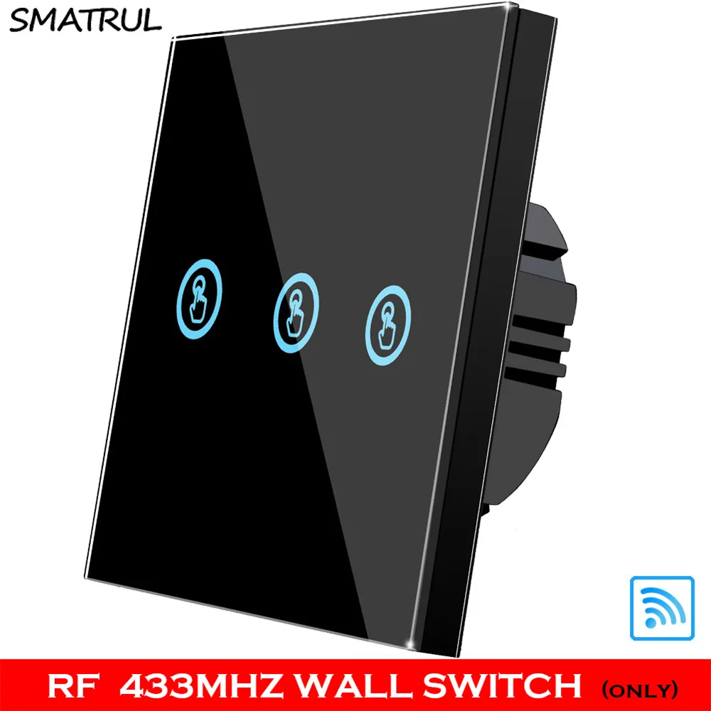 black RF 3 gang WALL SMATRUL 1 2 3 банда умный беспроводной сенсорный выключатель светильник 433 МГц РЧ пульт дистанционного управления стеклянный экран без нейтрального провода настенная панель Светодиодная лампа - Цвет: black RF 3 gang WALL