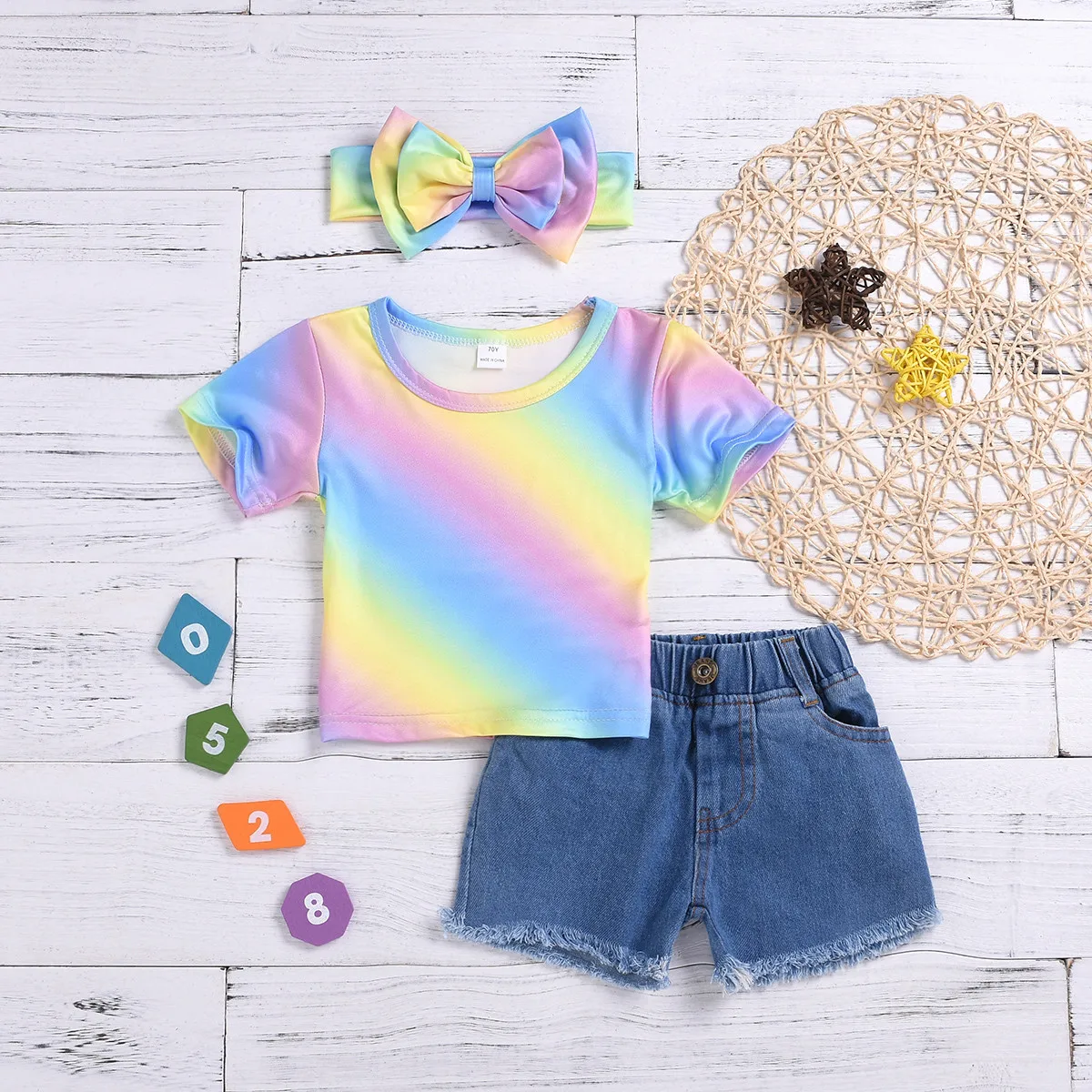 Комплекты одежды для маленьких девочек 3 шт. радужная футболка с коротким рукавом