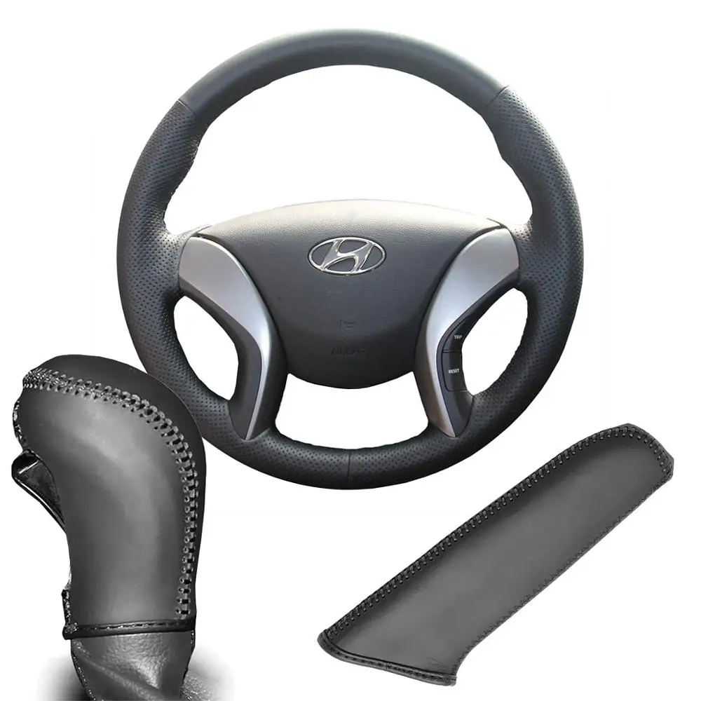 3 PCS set Black PONSNY автомобильный Редуктор/ручной тормоз/рулевое управление чехол из натуральной кожи для HYUNDAI Elantra Avante 2012- ручная строчка из натуральной кожи - Название цвета: 3 PCS set Black