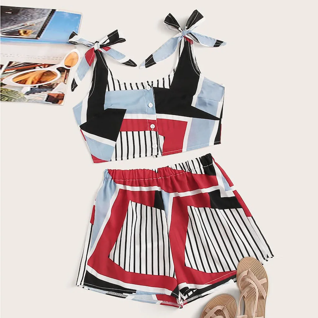 Летняя одежда для женщин 2 предмета Модный женский повседневный костюм цветочный